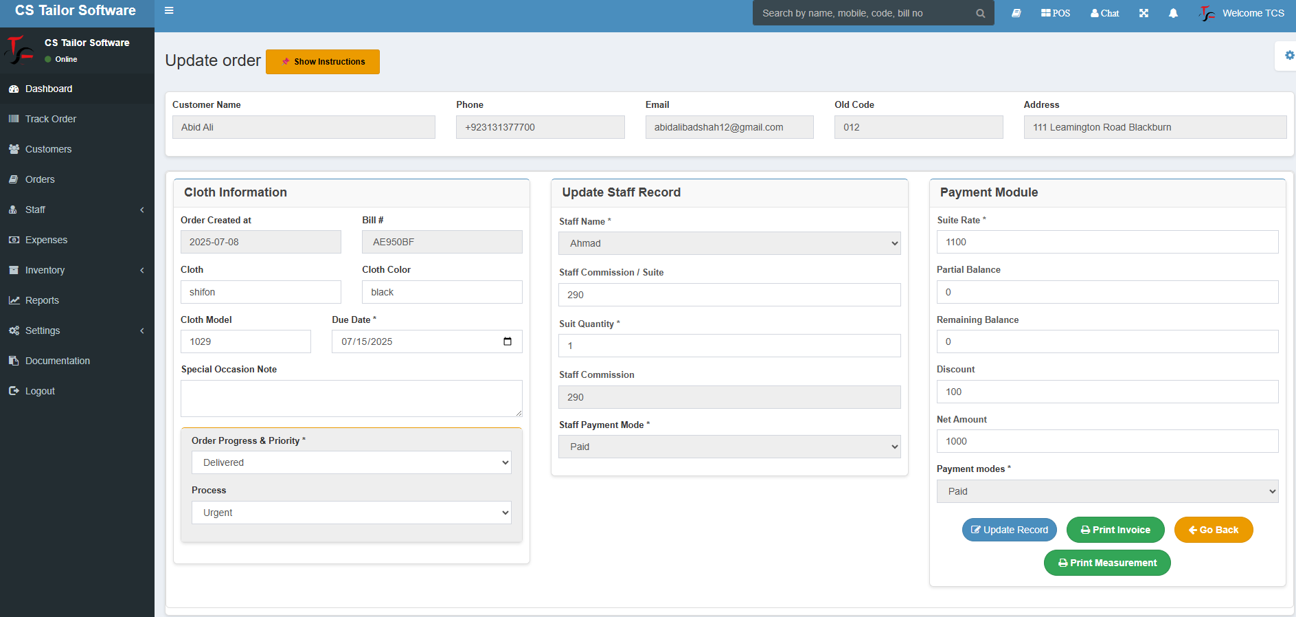 taking customer order in tailor software